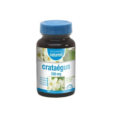Frasco de suplemento alimentício Crataégus 300 mg da marca naturmil com rótulo branco e tampa azul