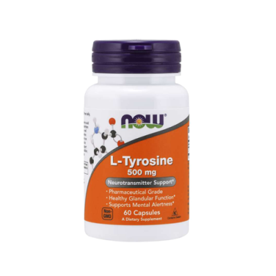 Frasco de suplemento L-Tyrosine 500 mg da NOW com tampa roxa e rótulo laranja