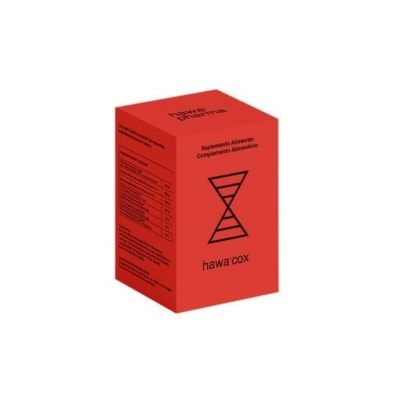 Embalagem vermelha de suplemento alimentar hawacox com texto preto e símbolo gráfico