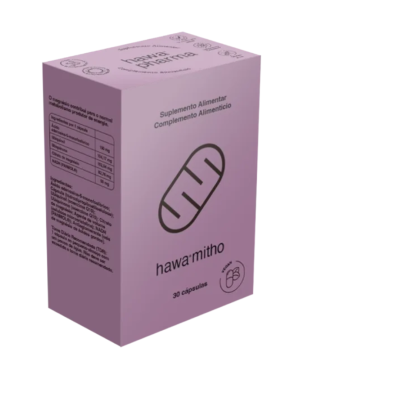 Embalagem rosa de suplemento alimentar hawamitho com texto e tabela de ingredientes