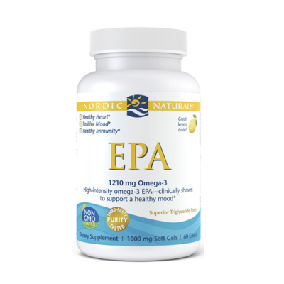 Frasco de suplemento alimentar Nordic Naturals EPA Omega-3 branco com tampa branca e texto colorido