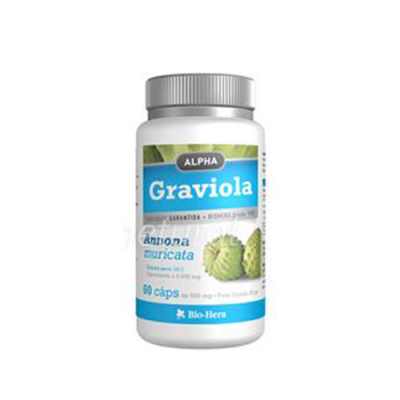 Frasco branco de cápsulas Graviola com rótulo azul e imagem da fruta