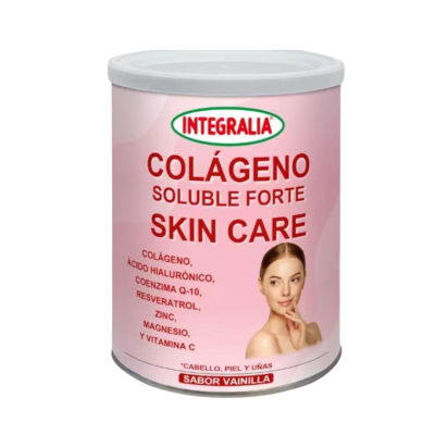 Embalagem rosa de suplemento em pó Integralia Colágeno Soluble Forte Skin Care com texto e imagem de mulher
