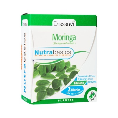 Embalagem de suplemento Drasanvi Moringa com folhas verdes e texto informativo