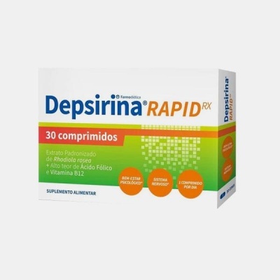 Embalagem Depsirina Rapid RX com 30 comprimidos em várias cores e texto em português