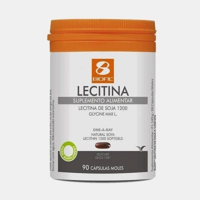 Frasco branco com tampa laranja de suplemento alimentar Biofil Lecitina com rótulo informativo.