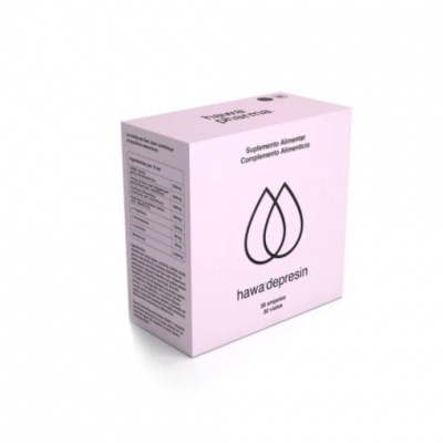 Caixa rosa claro do suplemento alimentar hawa depresin com gotas estilizadas e texto em preto