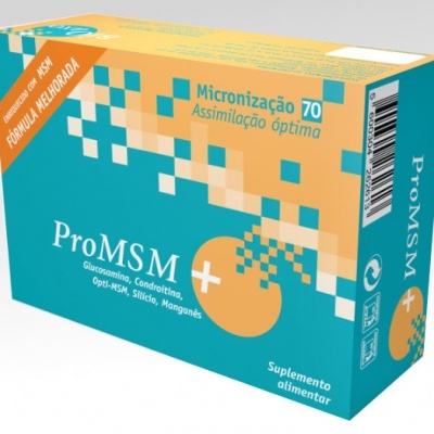 Embalagem do suplemento ProMSM azul e amarelo com texto e padrão pixelado.