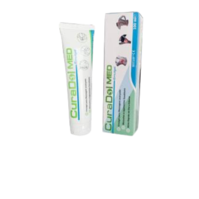 Tubo de creme branco com embalagem e texto CURADOSIMED