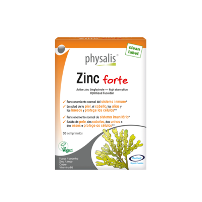 Embalagem de suplemento Zinc forte Physalis com ilustração e texto em português e espanhol