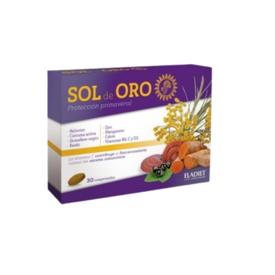 Embalagem de suplemento SOL de ORO com plantas e raízes