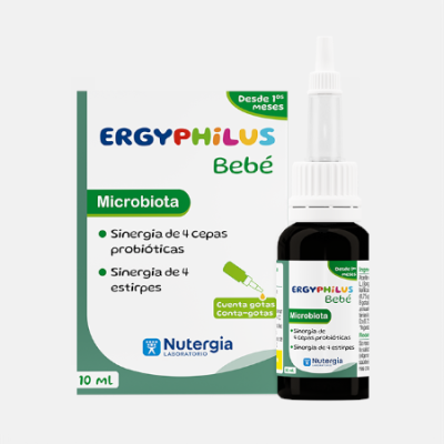 Frasco de ERGYPHILUS Bebé Microbiota de 10 ml com caixa associada destacando texto e composição.