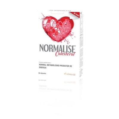 Embalagem branca de suplemento para colesterol com coração vermelho mecânico e texto