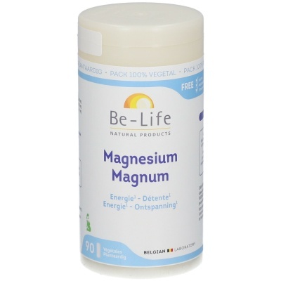 Embalagem branca de cápsulas Be-Life Magnesium Magnum com texto azul e preto