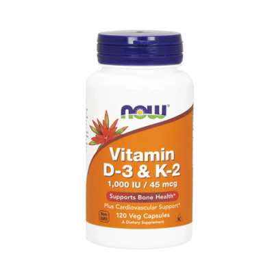 Frasco de suplemento NOW Vitamina D-3 e K-2 com rótulo laranja