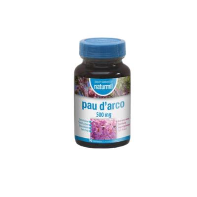 Frasco de suplemento Naturmil pau d'arco 500 mg com fotografia de flores roxas