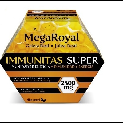 frasco hexagonal amarelo com rótulo preto e laranja do suplemento MegaRoyal Immunitas Super