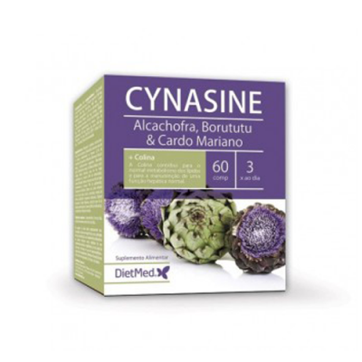 Embalagem do suplemento alimentar Cynasine com imagem de alcachofra e flores roxas