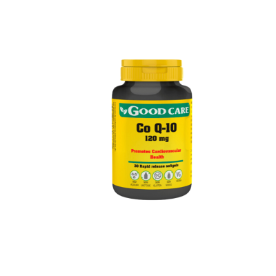 Frasco de suplemento Co Q-10 120 mg Good Care amarelo e preto