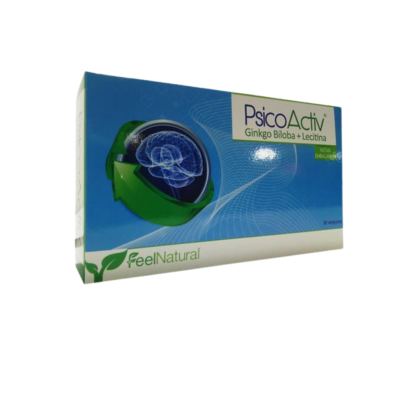 Embalagem de suplemento alimentar PsicoActiv azul e branca com imagem de cérebro e texto