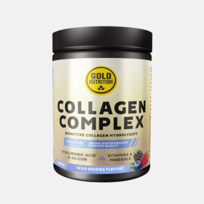 Frasco de suplemento alimentar Collagen Complex sabor frutos silvestres