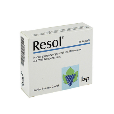 Caixa branca do suplemento Resol com imagem de uvas e texto em alemão