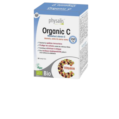 Caixa de comprimidos Organic C da Physalis com texto e ilustração de frutas formando a letra C