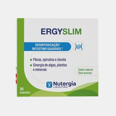 Embalagem ERGYSLIM Nutergia com 30 saquetas, texto sobre desintoxicação e ingredientes naturais