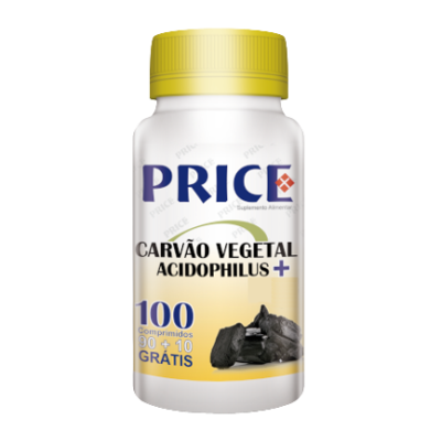 Frasco de suplemento alimentar PRICE Carvão Vegetal Acidophilus com tampa amarela