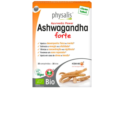Caixa de comprimidos Ashwagandha forte Physalis com selo bio e vegan