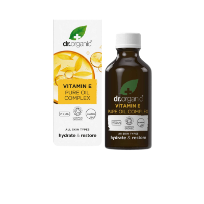 Embalagem e frasco de vitamina E em óleo puro da dr.organic