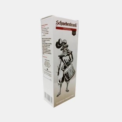 Embalagem branca com ilustração de esqueleto e texto Schwedentrunk ORIGINAL