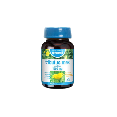 Frasco de suplemento Tribulus Max Naturmil com zinco 1000 mg em embalagem plástica castanha e tampa azul