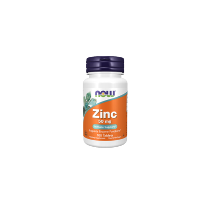 Frasco de suplemento Zinc 50 mg da NOW com rótulo laranja e branco