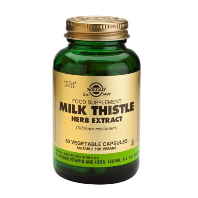 Frasco verde de suplemento alimentar Milk Thistle com tampa dourada