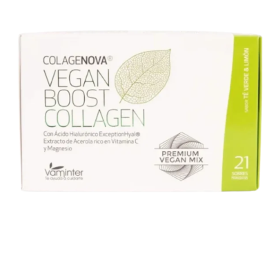 Caixa de suplemento COLAGENOVA VEGAN BOOST COLLAGEN em branco e verde