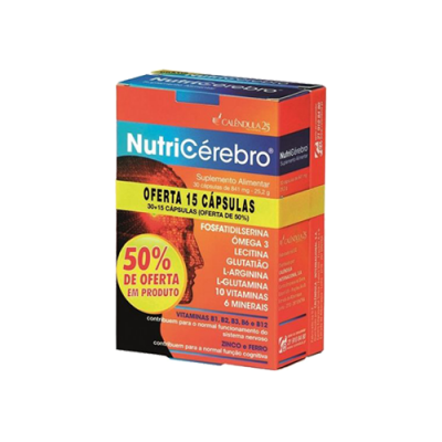 Caixa de suplemento NutriCérebro com oferta 15 cápsulas e ingredientes destacados
