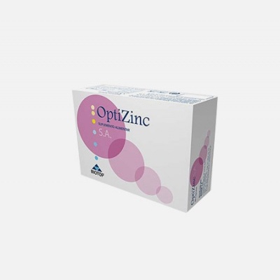 Caixa de suplemento alimentar OptiZinc S.A. branca com design de círculos cor de rosa