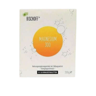 Embalagem branca de suplemento Bischoff Magnesium 300 com círculo laranja e texto