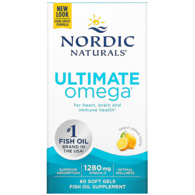 Embalagem de suplemento de óleo de peixe Nordic Naturals Ultimate Omega com 60 cápsulas e sabor a limão