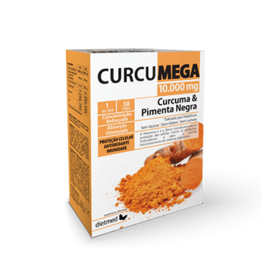 Embalagem do suplemento CURCUMEGA de cúrcuma e pimenta negra com 30 cápsulas