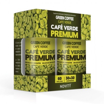Pack de suplemento Café Verde Premium com 2 frascos e imagens de grãos de café verde