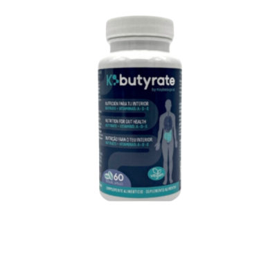 Frasco branco de suplemento alimentar K3 butyrate com rótulo azul e texto em português e inglês