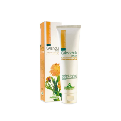 Tubo branco de creme Calendula com caixa e flor de calêndula laranja.