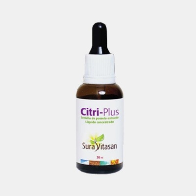 Frasco âmbar com conta-gotas, rótulo branco com texto Citri-Plus