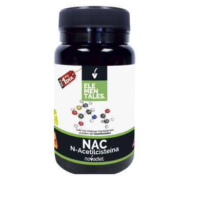 Frasco de suplemento NAC N-Acetilcisteína com rótulo branco e verde e tampa preta