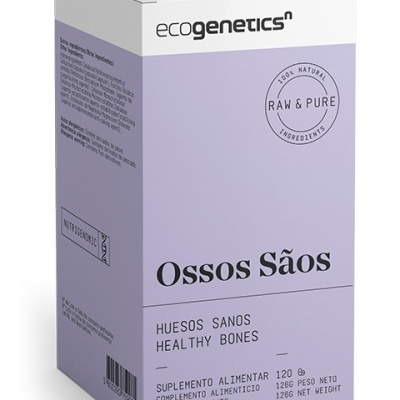 Embalagem de suplemento alimentar Ossos SãoS ecogenetics, branco e lilás, texto em várias línguas