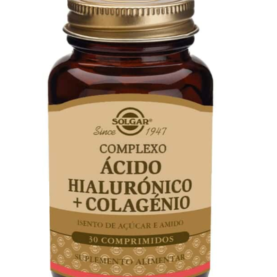 Frasco de suplemento alimentar Solgar Ácido Hialurónico e Colagénio