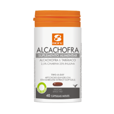 Frasco de suplemento alimentar Alcachofra Biofil com tampa laranja