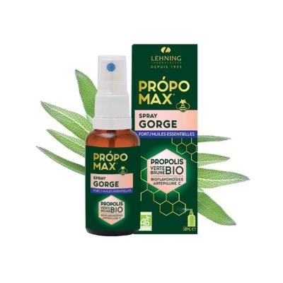 Spray para garganta Própo Max em frasco castanho com caixa verde